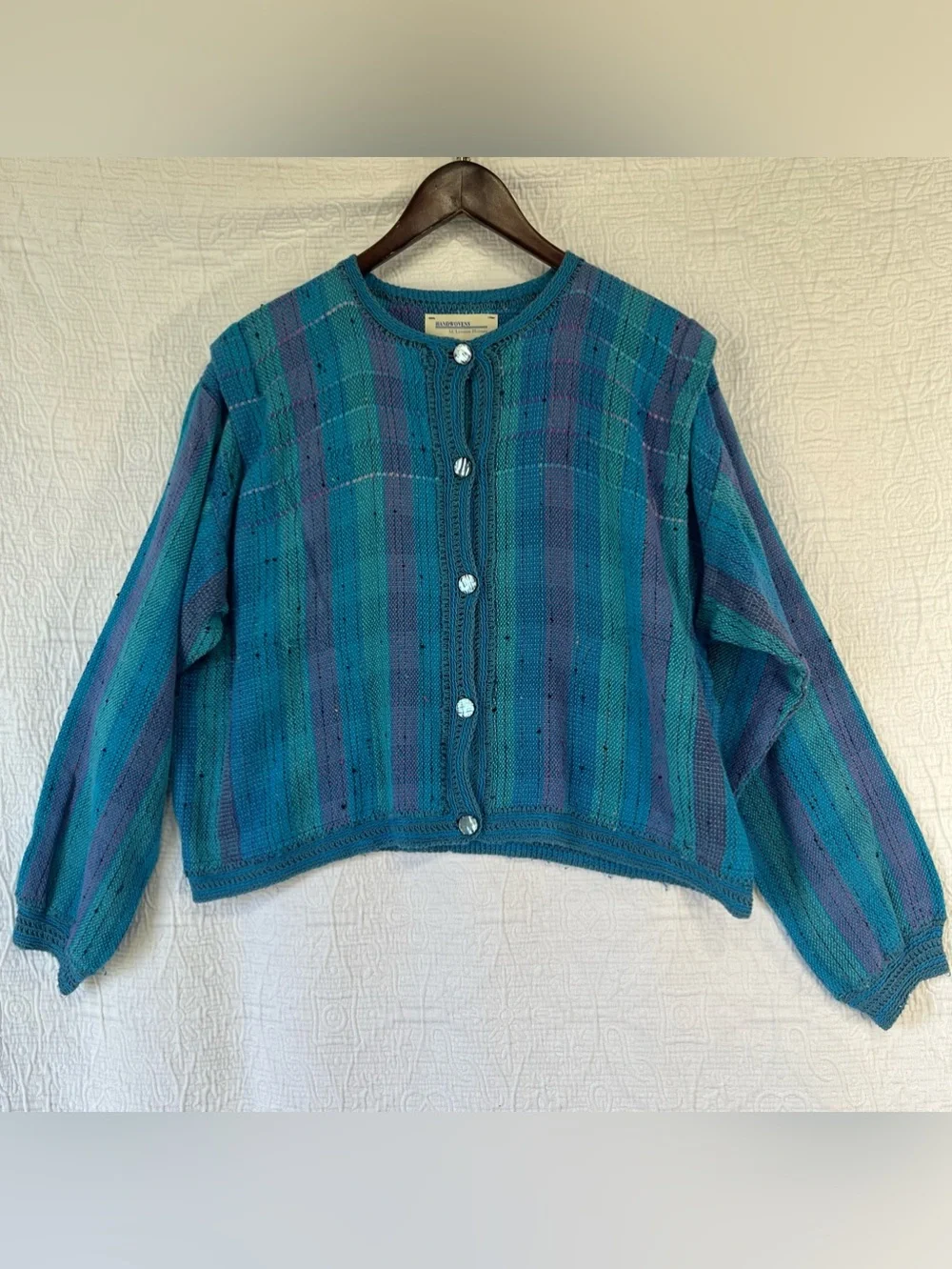 Vintage Handwoven Cardigan Sweater by M Lynette Holmes Handmade Cotton Tweed L
